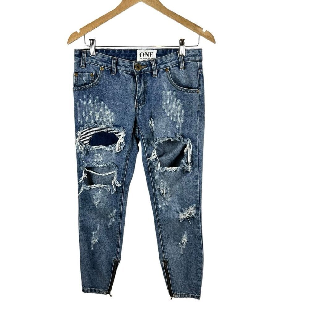 One By One Teaspoon Trashed Free Birds Distressed Low Rise Medium Wash Jeans 24‎